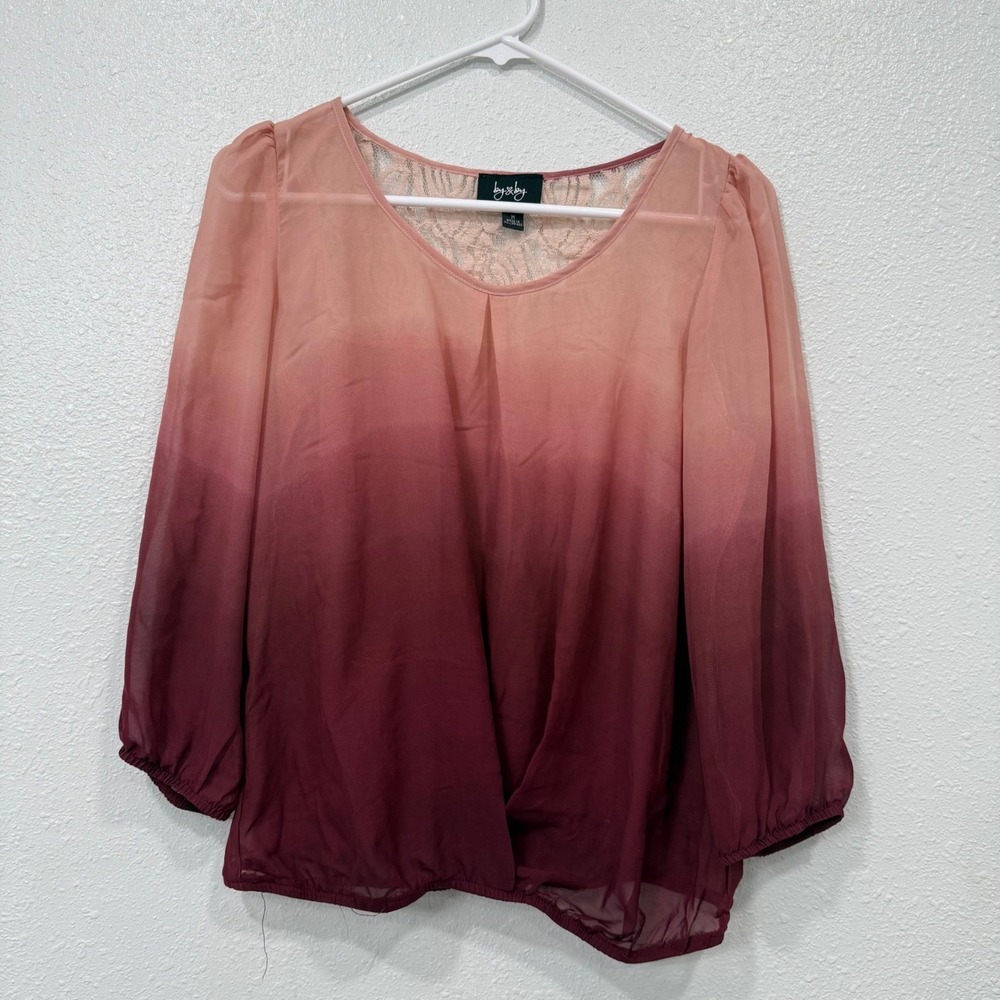 By & By Ombre Lace Back Sheer Long Sleeve Blouse Pink Burgundy Size M